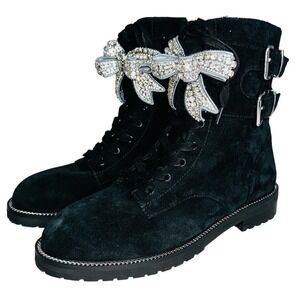 Kurt Geiger Size 38 / 7 Black Suede Combat Ankle Boots Sutton‎ Bow